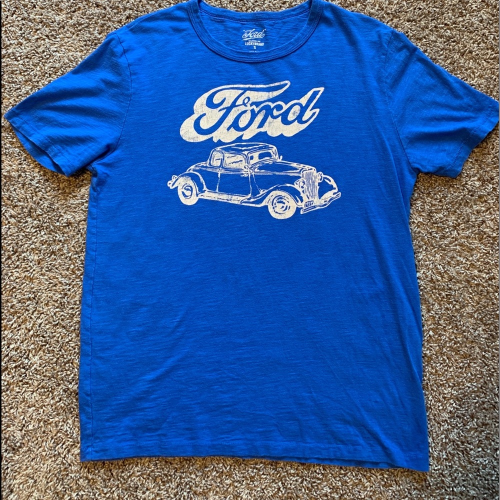 Lucky Brand T Shirt Ford Motor Old Car Soft Royal Blue Size Small Made In USA.